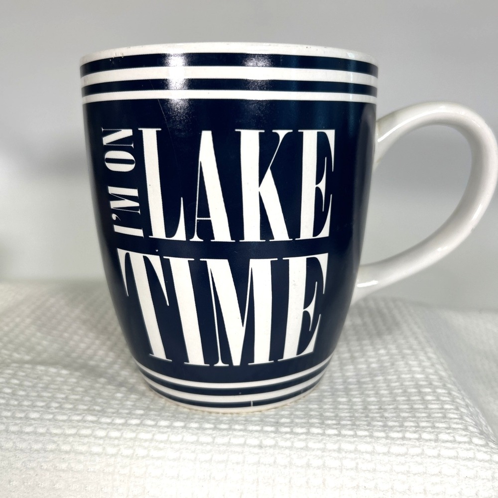 DEI Im On Lake Time Coffee Mug Blue White Striped Ceramic Nautical Cabin Cup